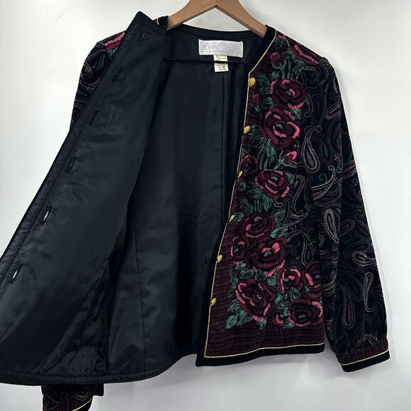 Vintage 80s Bonwit Teller Velvet‎ Floral Jacket Button Front Size M - Picture 3 of 10